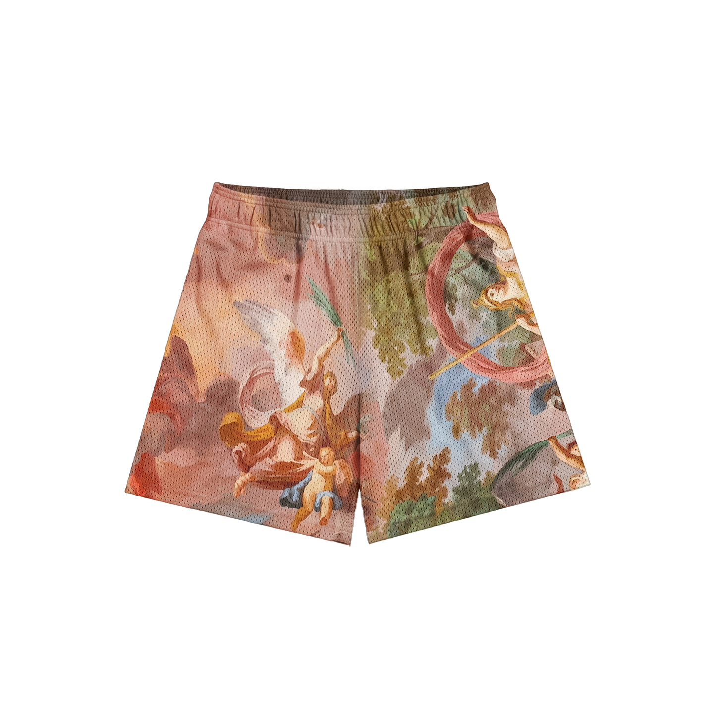 CLTR Void mesh shorts with Renaissance-inspired artwork, back view