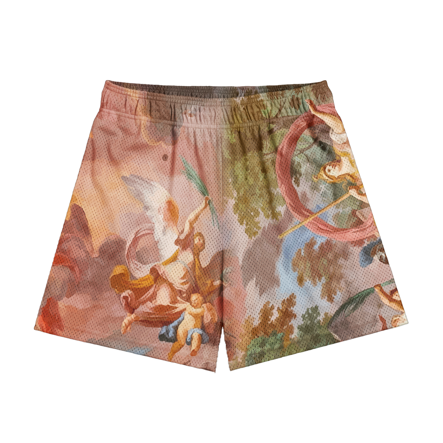 CLTR Void mesh shorts with Renaissance-inspired artwork, back view