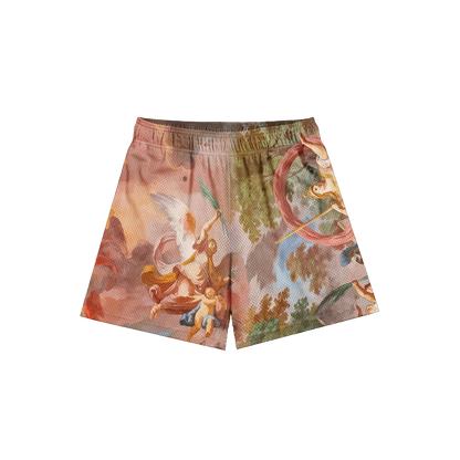 CLTR Void mesh shorts with Renaissance-inspired artwork, back view