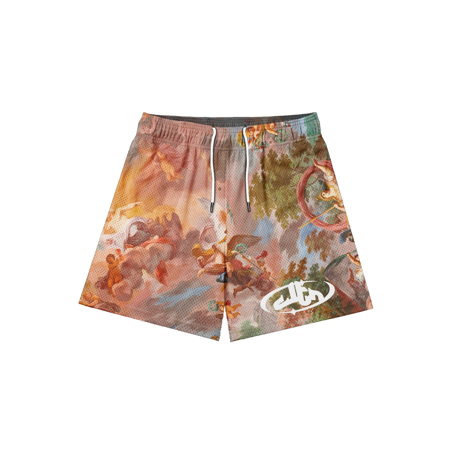 CLTR Void mesh shorts with Renaissance-inspired artwork, front view