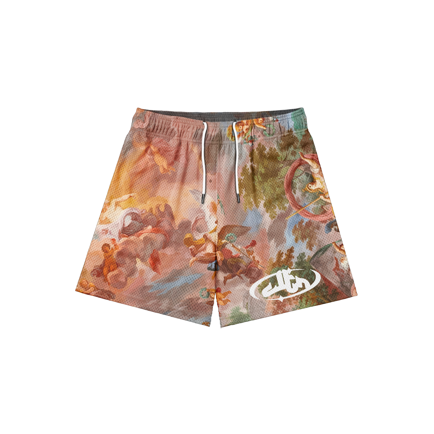 CLTR Void mesh shorts with Renaissance-inspired artwork, front view