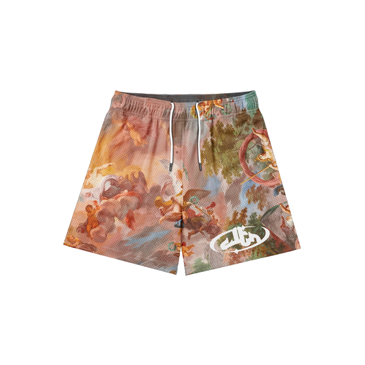 CLTR Void mesh shorts with Renaissance-inspired artwork, front view