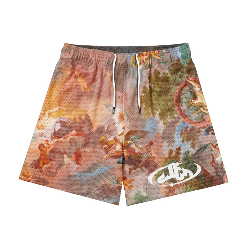 CLTR Void mesh shorts with Renaissance-inspired artwork, front view